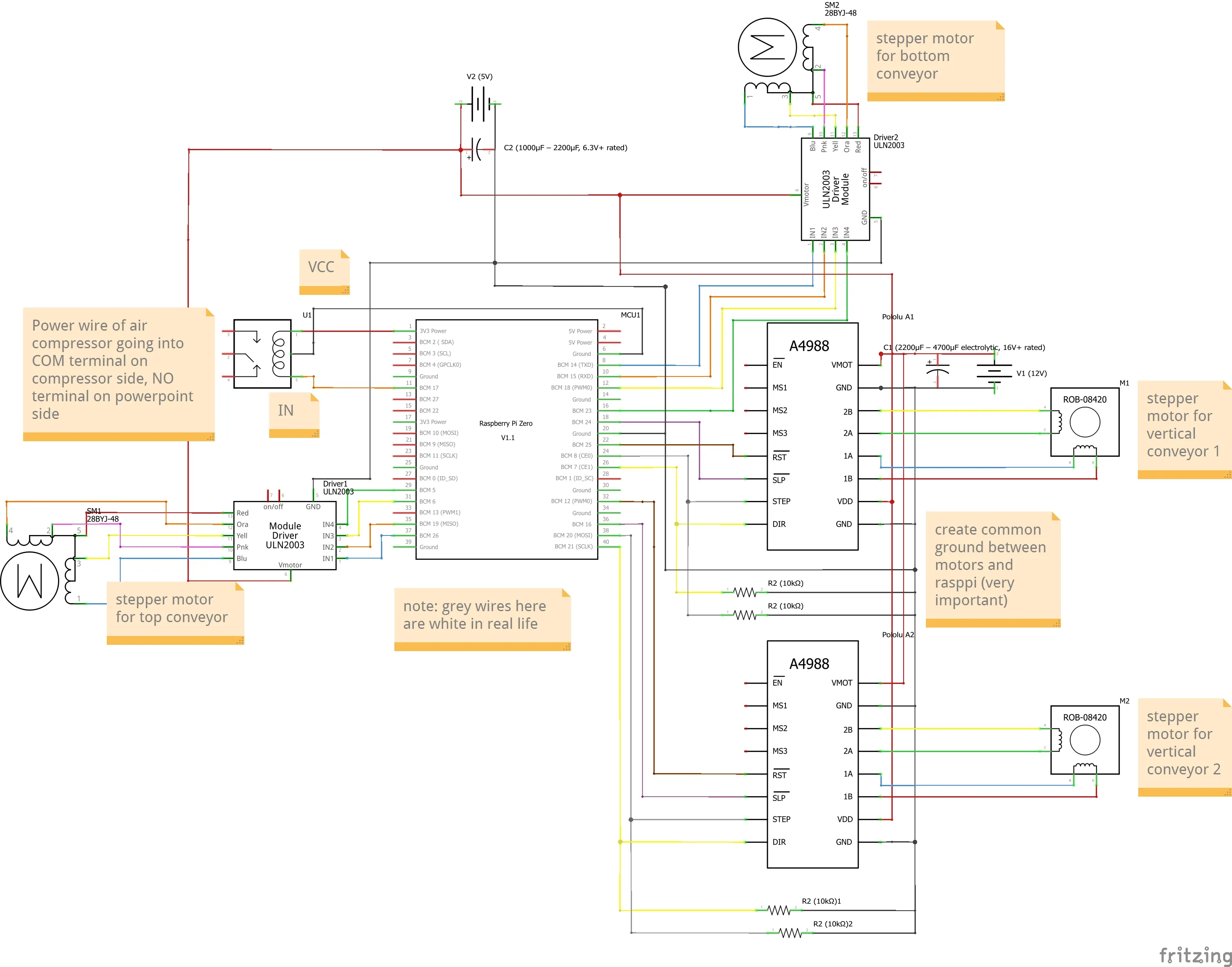 A Fritzing circuit schematic showing the Raspberry Pi Zero wired to two ULN2003 drivers, two A4988 drivers, four stepper motors, and a relay controlling the air compressor.