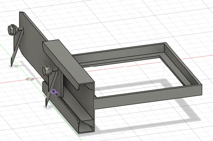 A grey CAD render of the tray holder: a rectangular frame with a channel and two gripping arms.